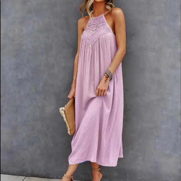 Boho lace insert Swiss dot halter dress mauve purple